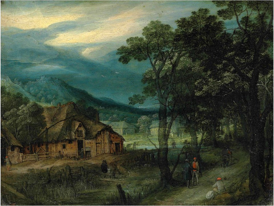 Adriaen van Stalbemt - A wooded landscape with travellers on a track by a village