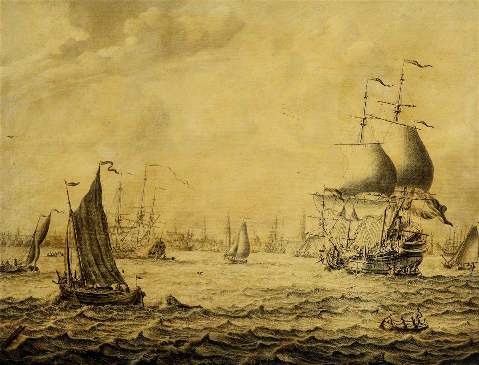 Adriaen van Salm (c.1660-1720) - Dutch Merchantmen and Small Craft in a Roadstead - BHC0965 - Royal Museums Greenwich