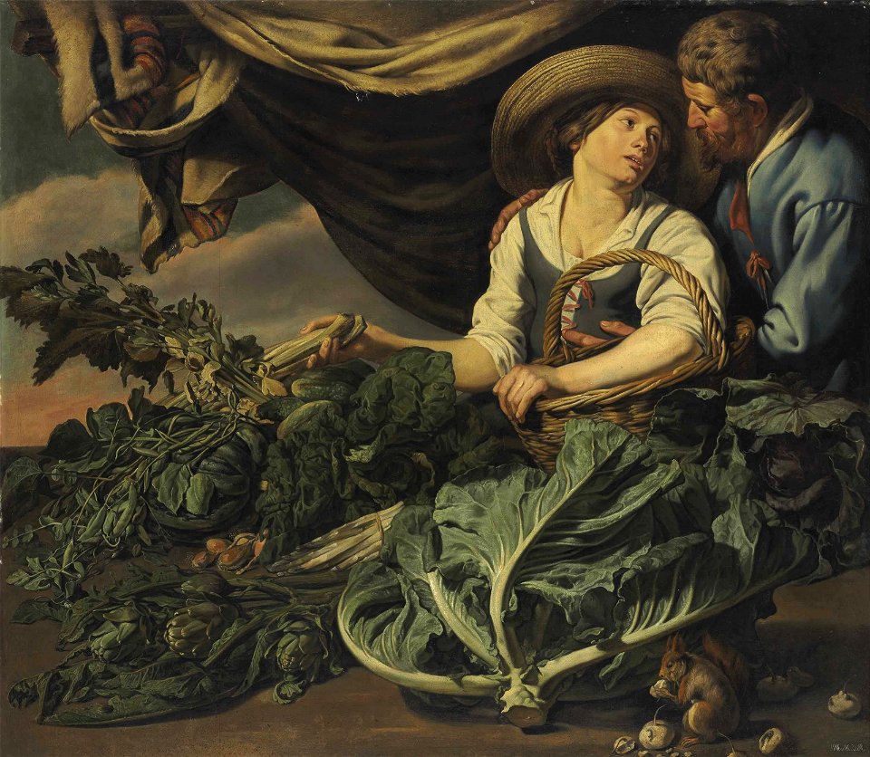 Adriaen van Utrecht and Theodoor Rombouts - Amorous couple with lettuce, artichokes, peas and other vegetables, with a squirrel