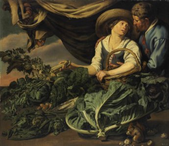 Adriaen van Utrecht and Theodoor Rombouts - Amorous couple with lettuce, artichokes, peas and other vegetables, with a squirrel