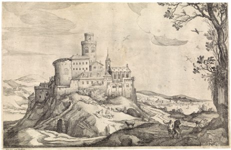 Adriaen van Stalbemt - Landscape with a castle on a mountain. Free illustration for personal and commercial use.