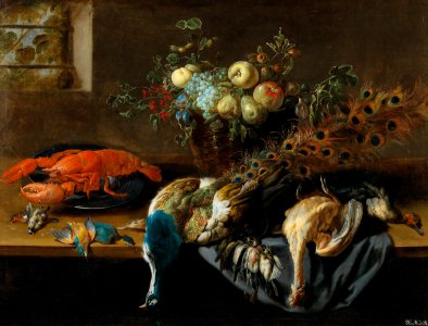 Adriaen van Utrecht - A peacock, fruit, boiled lobster and a prey of birds