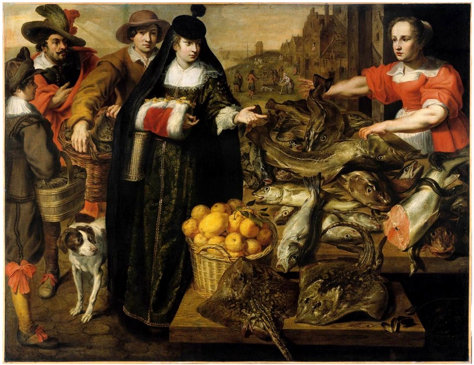 Adriaen van Utrecht, Marten Pepijn - A lady at the fishmarket in Antwerp