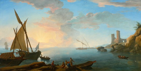 Adrien Manglard Southern Mediterranean Seascape with Boats and Figures At Sunset
