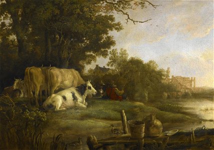 Aelbert Cuyp (Dordrecht 1620-Dordrecht 1691) - Cows in a Pasture beside a River before the Ruins of the Abbey of Rijnsburg - RCIN 405351 - Royal Collection