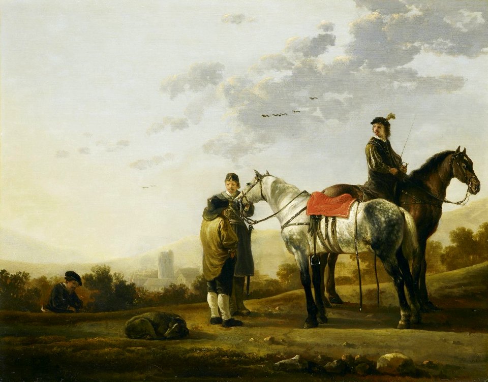 Aelbert Cuyp (Dordrecht 1620-Dordrecht 1691) - Two Cavalry Troopers Talking to a Peasant - RCIN 404801 - Royal Collection