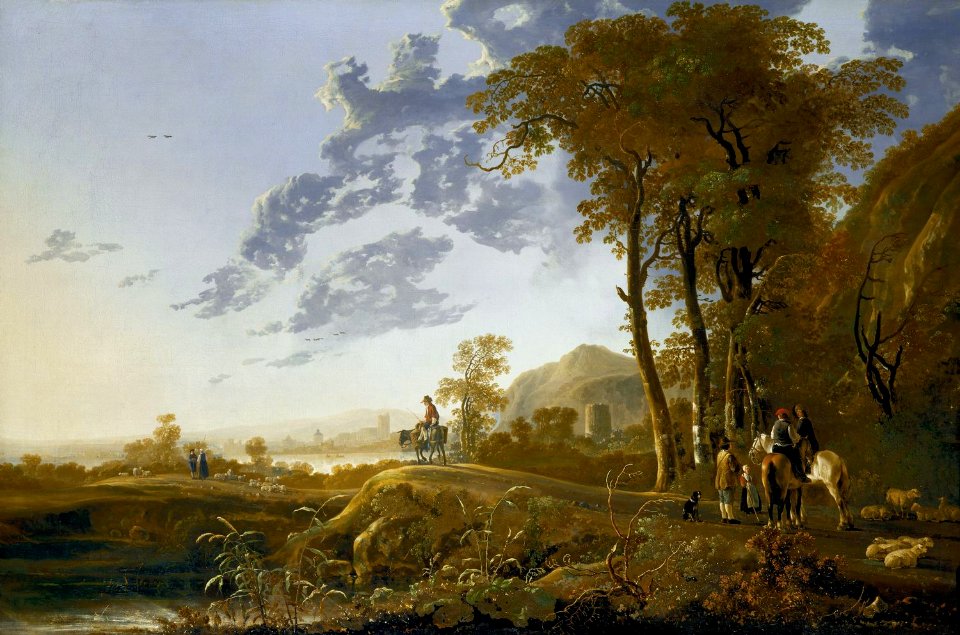 Aelbert Cuyp - An Evening Landscape with Figures and Sheep