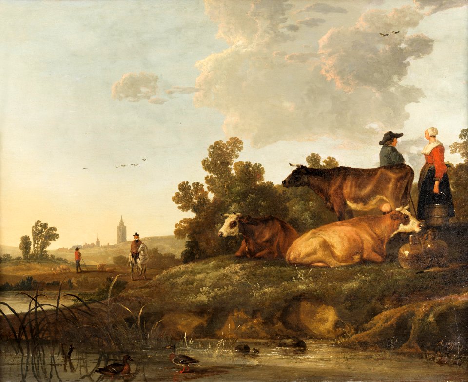 Aelbert Cuyp circle - A drover and milkmaid standing beside cattle, a view to a town in the distance