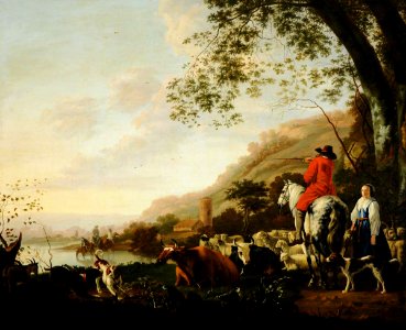 Aelbert Cuyp (1620-1691) (after) - A Hilly River Landscape with a Horseman Conversing with a Shepherdess - 709326 - National Trust