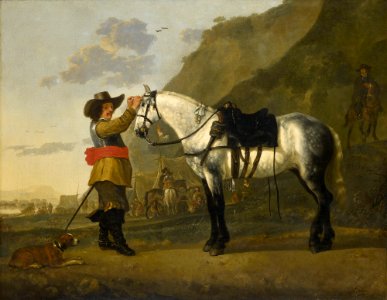 Aelbert Cuyp (Dordrecht 1620-Dordrecht 1691) - A Cavalry Trooper Decorating his Dappled Grey Horse with a Reclining Spaniel at his Feet - RCIN 405321 - Royal Collection