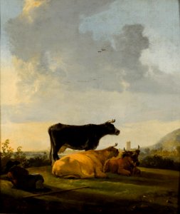 Aelbert Cuyp - Landschap bij avondzon met drie koeien en een liggende herdersjongen