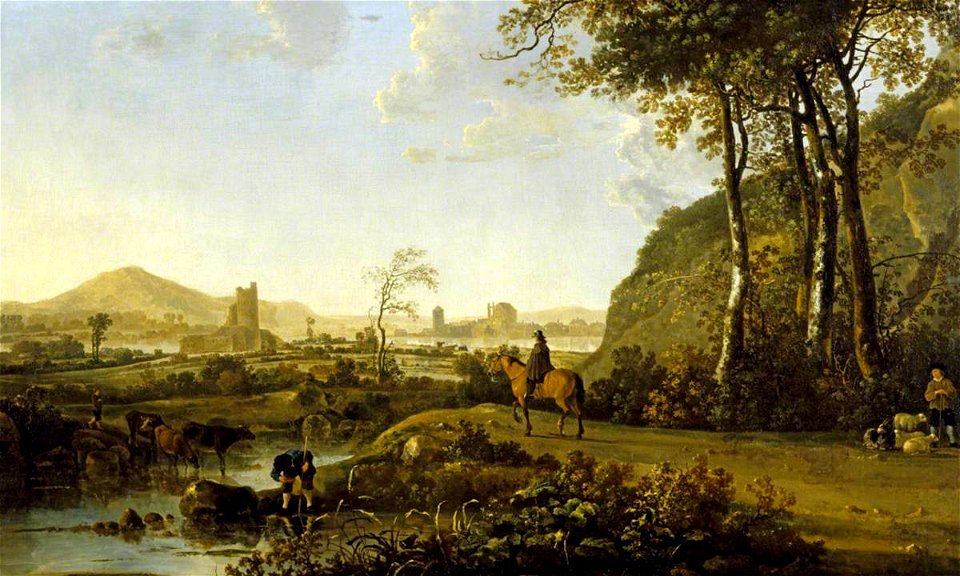 Aelbert Cuyp - Rider and Herdsman in an Imaginary Landscape with a Ruined Castle and Distant Town NTIV PET 25829