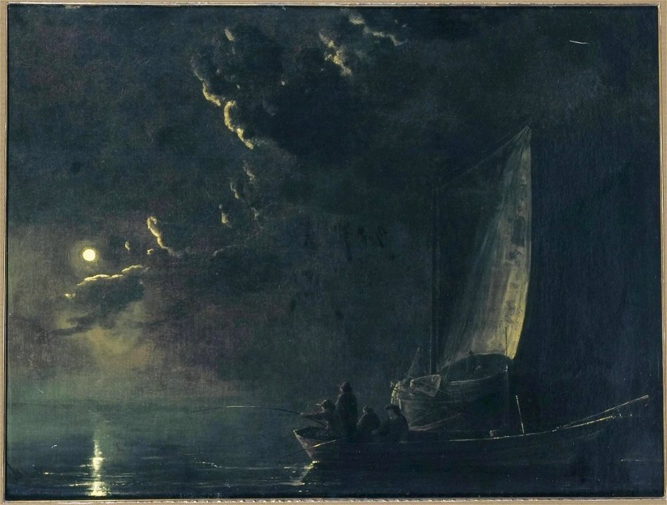 Aelbert Cuyp follower - River Landscape by Moonlight with Fishermen