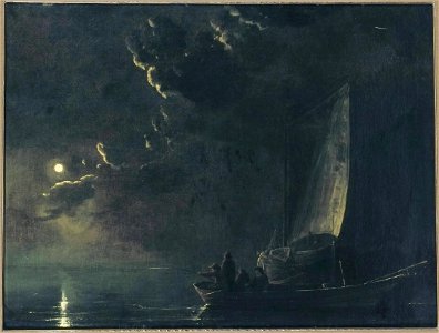 Aelbert Cuyp follower - River Landscape by Moonlight with Fishermen