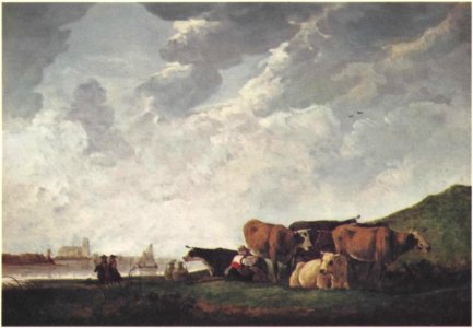 Aelbert Cuyp - River scene with cattle and milkmaid with six cows
