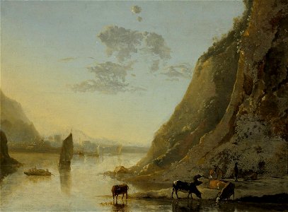 Aelbert Cuyp River-view with drinking Cows. Free illustration for personal and commercial use.