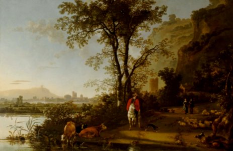 Aelbert Cuyp, Landscape with a Horseman, Figures, and Cattle, c. 1655 at Waddesdon Manor. Free illustration for personal and commercial use.