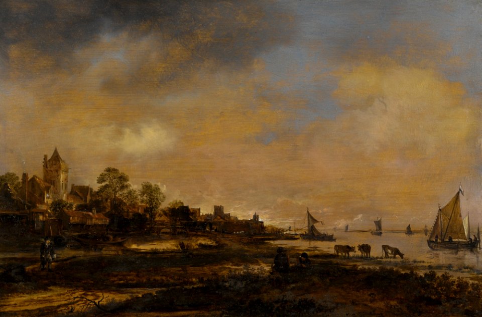 Aert van der Neer - Wide River Landscape with Castle and Village 008L16037 98LW7