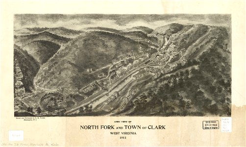 Aero view of North Fork and town of Clark, West Virginia 1911. LOC gm70000619