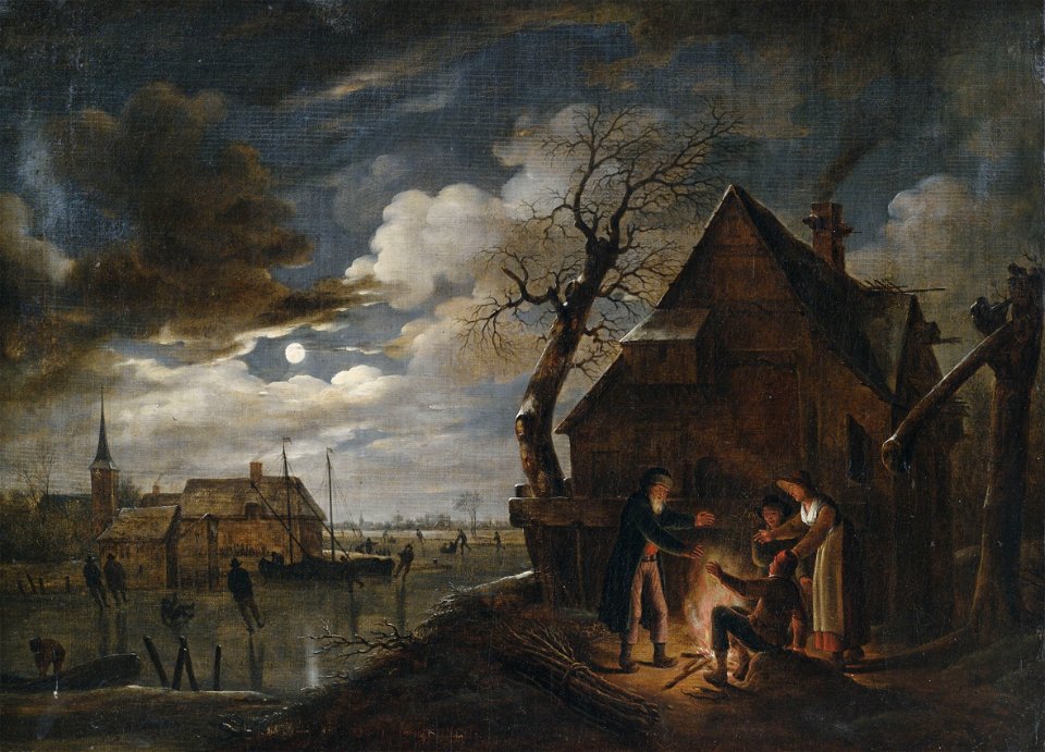 Aert van der Neer (attr) Holländische Kanallandschaft bei Mondschein mit Lagerfeuer