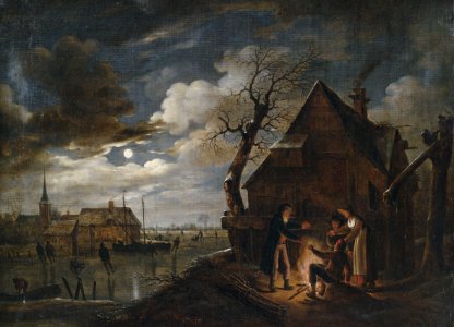 Aert van der Neer (attr) Holländische Kanallandschaft bei Mondschein mit Lagerfeuer