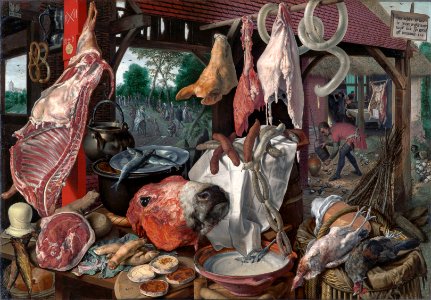 A Meat Stall with the Holy Family Giving Alms - Pieter Aertsen - Google Cultural InstituteFXD