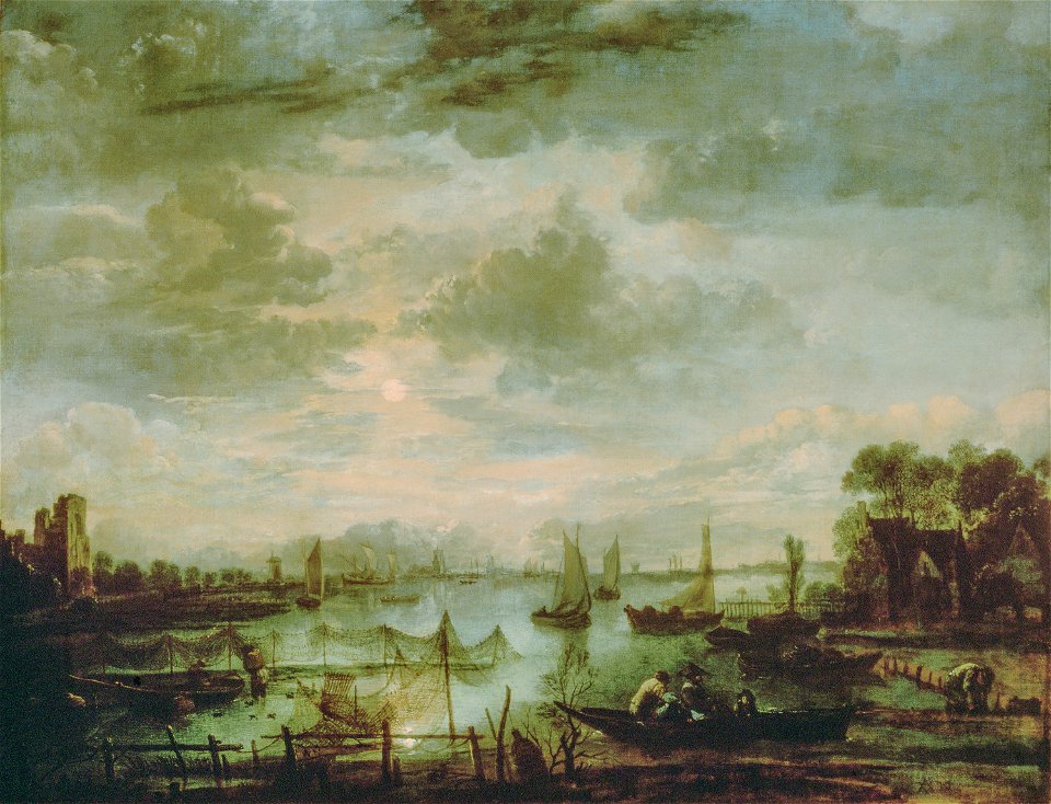 Aert van der Neer, , Kunsthistorisches Museum Wien, Gemäldegalerie - Flußlandschaft mit Schiffen bei Mondschein - GG 6487 - Kunsthistorisches Museum