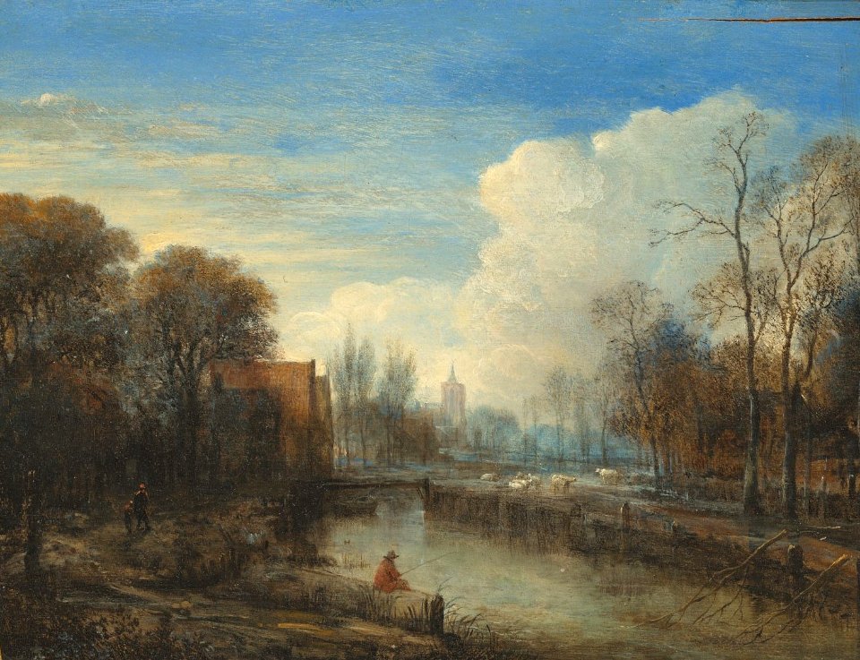 Aert van der neer a river landscape with an angler and sheep on the ba121559)