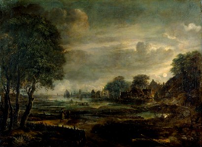 Aert van der Neer, , Kunsthistorisches Museum Wien, Gemäldegalerie - Landschaft mit Dorf bei Mondschein - GG 436 - Kunsthistorisches Museum