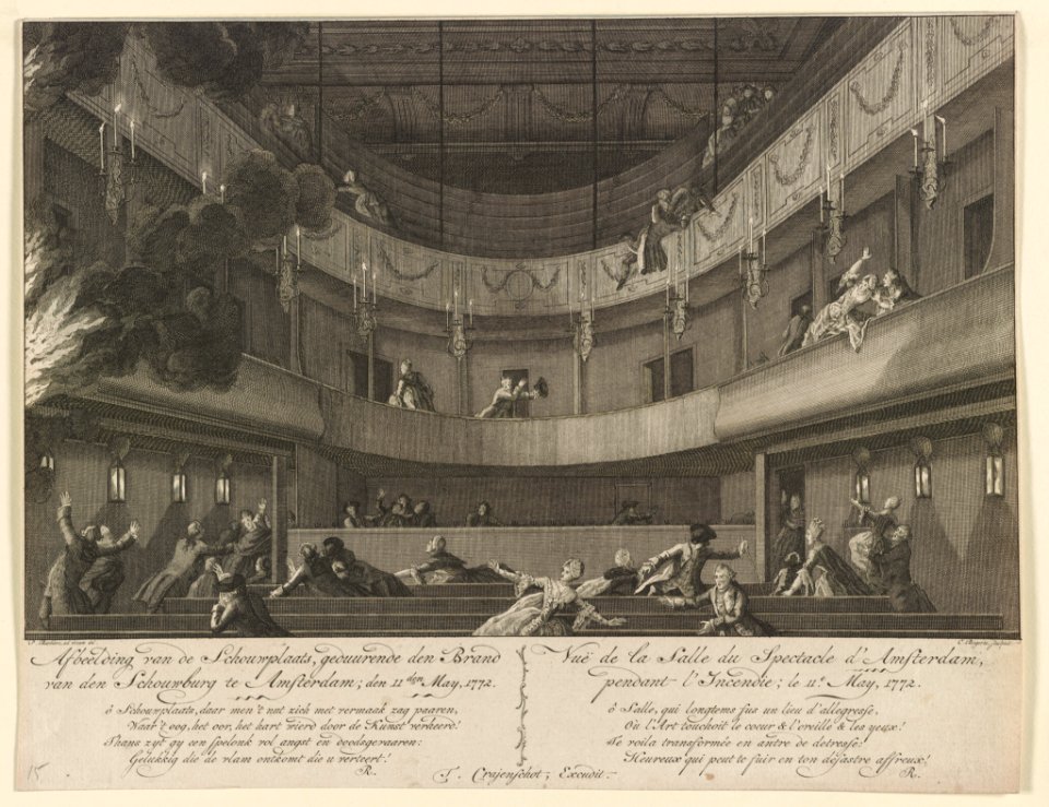 Afbeelding van de Schouwplaats, geduurende den Brand van den Shouwburg te Amsterdam, de 11den May, 1772 Vue de la Salle du Spectacle d'Amsterdam pendant l'Incendie, le 11e. May, 1772 - - P. LCCN2012645523