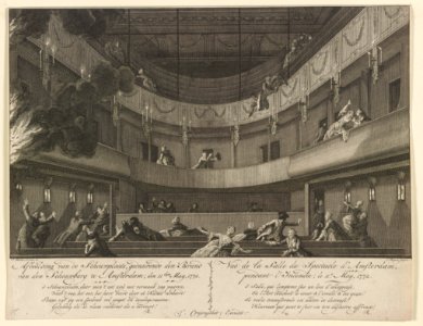 Afbeelding van de Schouwplaats, geduurende den Brand van den Shouwburg te Amsterdam, de 11den May, 1772 Vue de la Salle du Spectacle d'Amsterdam pendant l'Incendie, le 11e. May, 1772 - - P. LCCN2012645523