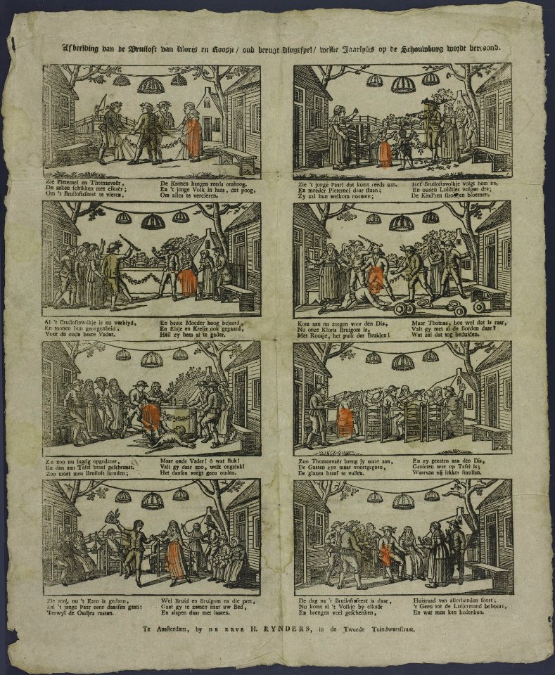 Afbeelding van de bruiloft van Kloris en Roosje, oud berugt klugtspel, welke jaarlyks op de schouwburg wordt vertoond-Catchpenny print-Borms 0878