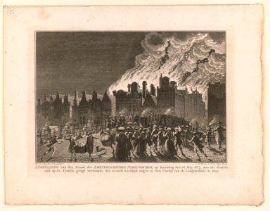 Afbeelding van den Brand des Amsterdamschen Schouwburgs, op maandag den 11 May 1772, zoo als dezelve zich op de Prinfen gragt vertoonde, des avonds tusfchen negen en tien Uuren; van de LCCN2004669322