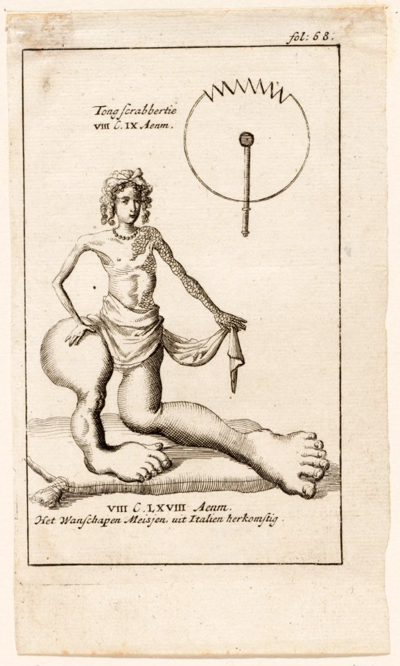 Afbeelding, fol. 68, instrument en mismaakt geschubd Italiaans meisje, objectnr A 19458