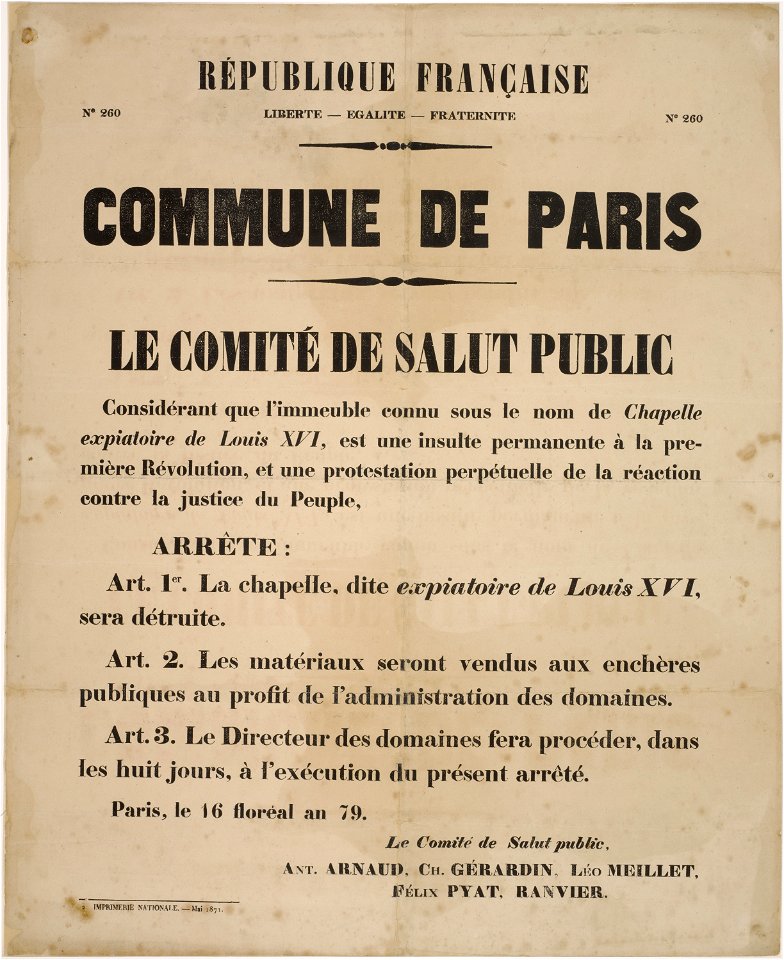 Affiche du Comité de Salut public annonçant la destruction de la Chapelle expiatoire de Louis XVI (bgw17 0878)
