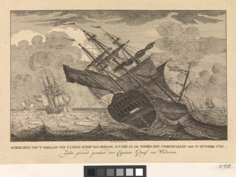 Afbeeldring van 't omslaan van 's landsschip van oorlog d' Unie, in de Noord-Zee - 1782 RMG PW7961