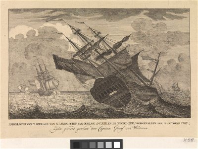 Afbeeldring van 't omslaan van 's landsschip van oorlog d' Unie, in de Noord-Zee - 1782 RMG PW7961