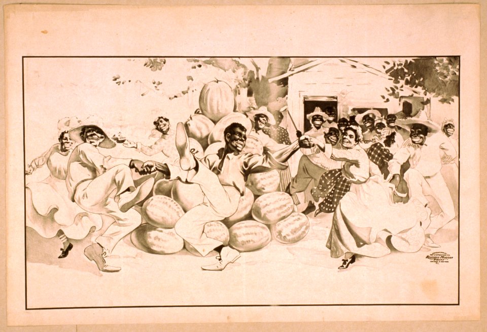 African Americans dancing around a pile of watermelons LCCN2014636833