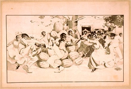 African Americans dancing around a pile of watermelons LCCN2014636833