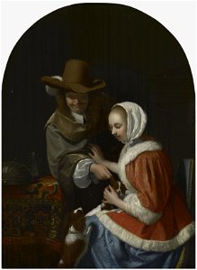 After Frans van Mieris the Elder (Leiden 1635-Leiden 1681) - A Man Pulling a Lapdog's Ear in a Woman's Lap - RCIN 406636 - Royal Collection