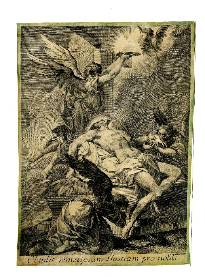After Giovanni Battista Piazzetta - The dead Christ lying across his tomb, minstered by three angels, with the Cross in the background, after Piazzetta, 1871,0429.353