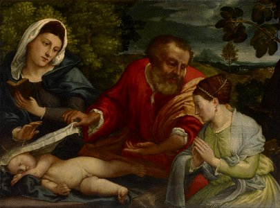 After Lorenzo Lotto - The Holy Family with a Donatrix as Saint Catherine of Alexandria - Google Art Project. Free illustration for personal and commercial use.