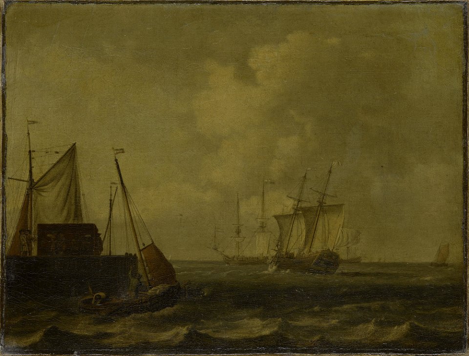 After Ludolf Bakhuisen (Emden 1631-Amsterdam 1708) - A Snow Close-Hauled in a Breeze off the End of a Pier - RCIN 404068 - Royal Collection