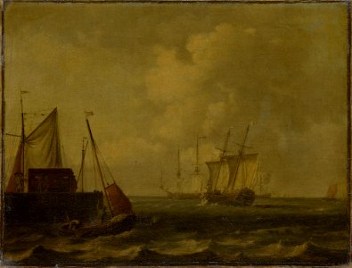 After Ludolf Bakhuisen (Emden 1631-Amsterdam 1708) - A Snow Close-Hauled in a Breeze off the End of a Pier - RCIN 404068 - Royal Collection