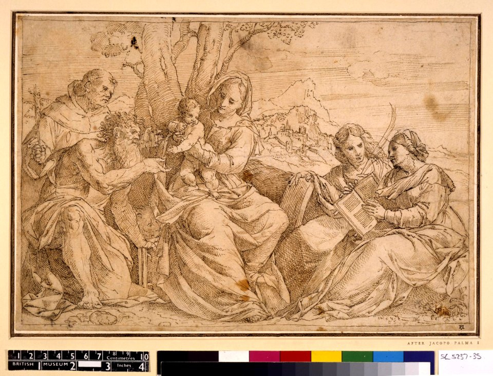 After Palma Vecchio - The Virgin and Child with St Francis and St Jerome at l, St Catherine and a female saint (Barbara) at r, after Jacopo Palma I, SL,5237.35