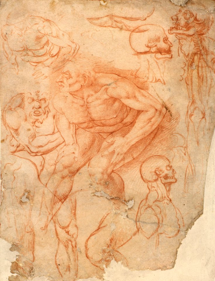 After Michelangelo Buonarroti - Recto studies of figures of demons from the Last Judgement and anatomical studies, RCIN 990215