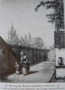 After Pieter de Hooch - Woman and Child in a Street. Free illustration for personal and commercial use.