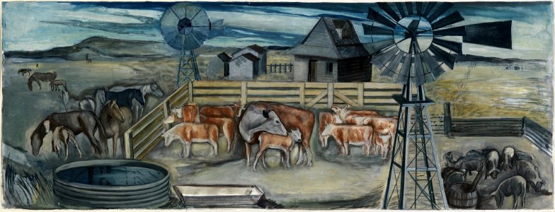 Afternoon on a Texas Ranch (mural study, Lampasas, Texas Post Office). Free illustration for personal and commercial use.