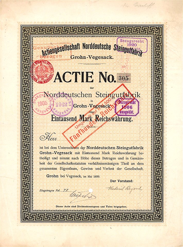 AG Norddeutsche Steingutfabrik 1000 Mk 1899