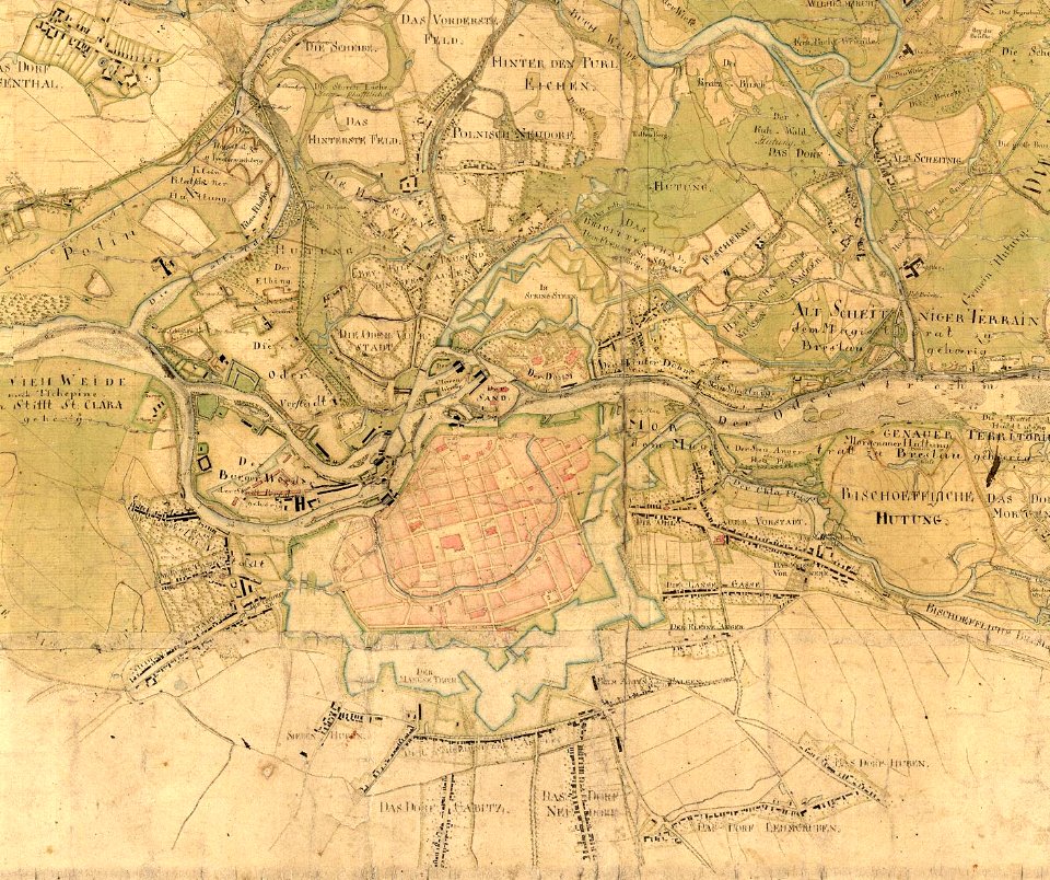 AGAD Mapa rzeki Odry z przylegającymi użytkami rolnymi oraz planem miasta Wrocławia